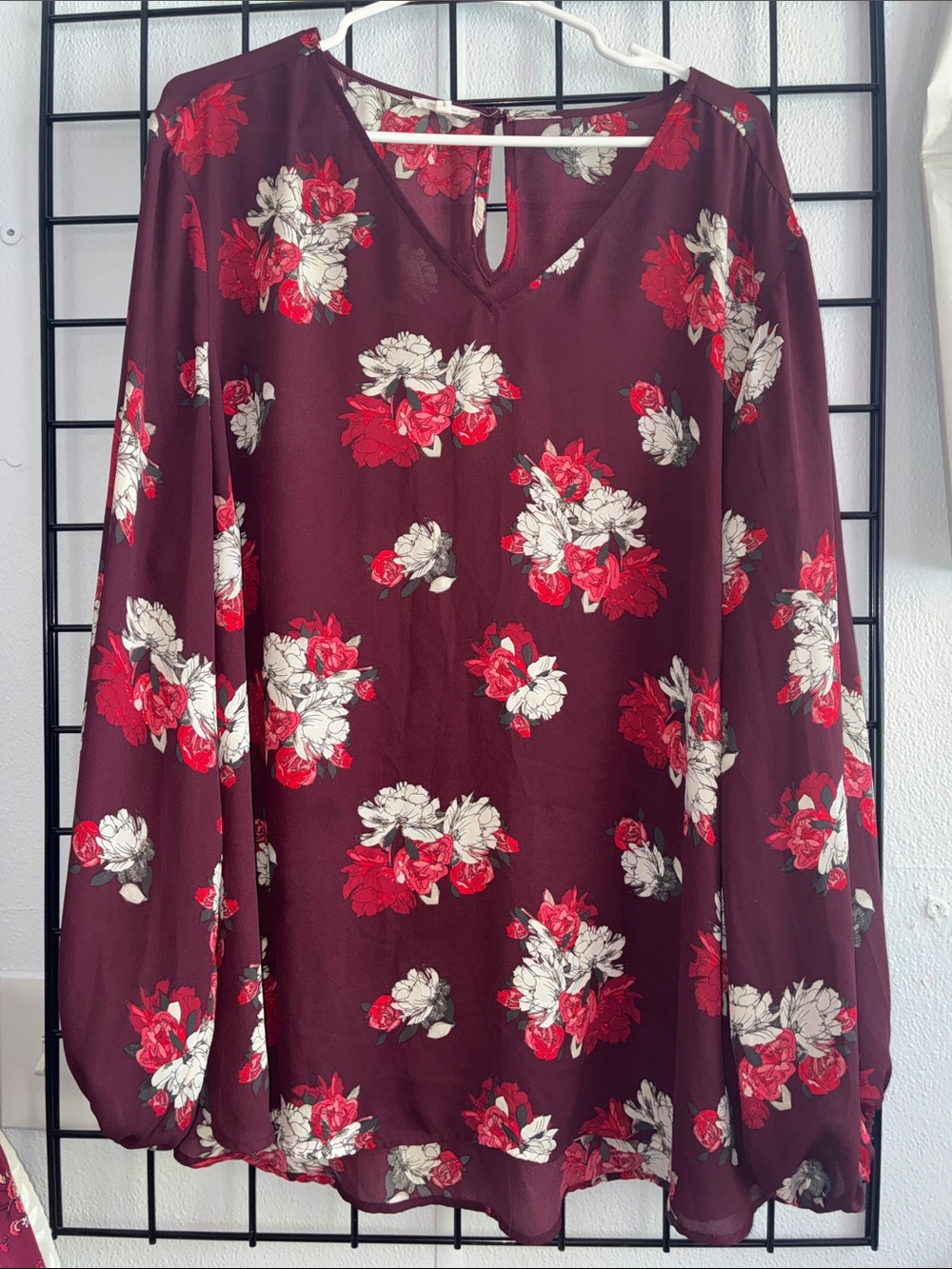 Women's Burgundy Floral V-Neck Tunic with Red and Cream Blooms